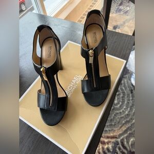 Michael Kors Black Heeled Sandals with Gold Accents